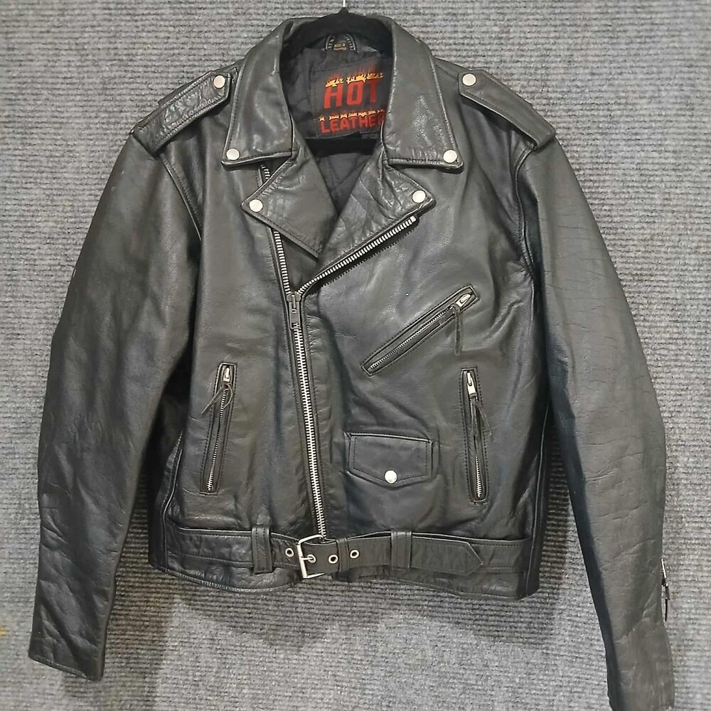Vintage Hot Leathers Mens Black Leather Biker Motorcycle Jacket 44 Zipper Belted